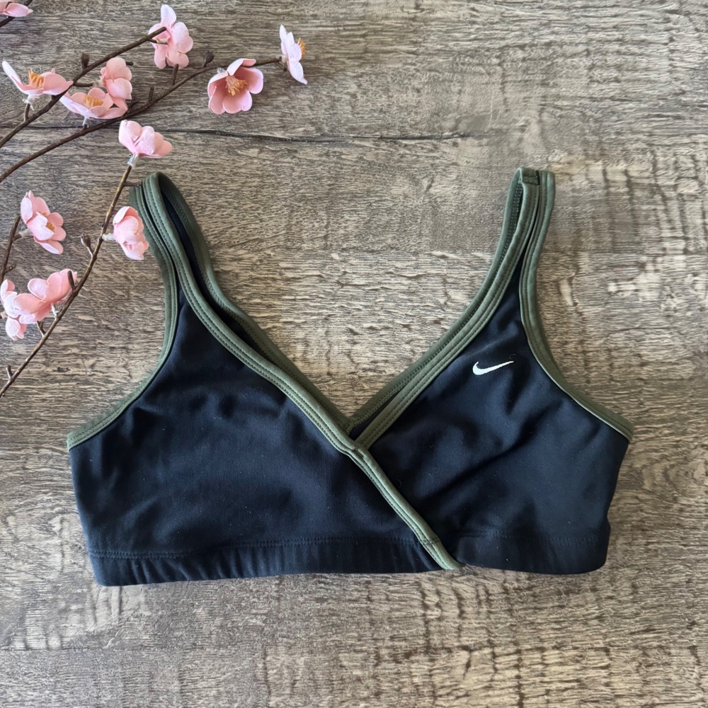 Vintage Nike Sports Bra Y2K Black Olive Green Wrap Surplice Swoosh Logo Small